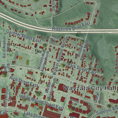 Close-up of the map of Wayzata, Minnesota print showing street and building detail