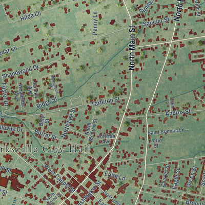 Close-up of the map of Marksville, Louisiana print showing street and building detail