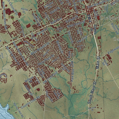 Close-up of the map of Cleburne, Texas print showing street and building detail