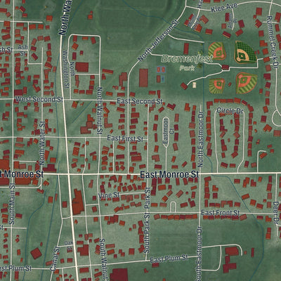 Close-up of the map of New Bremen, Ohio print showing street and building detail