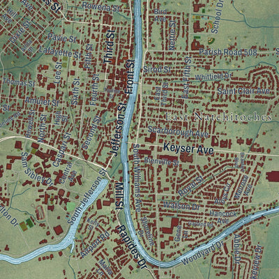 Close-up of the map of Natchitoches, Louisiana print showing street and building detail