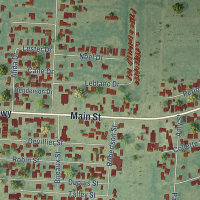 Close-up of the map of Henderson, Louisiana print showing street and building detail