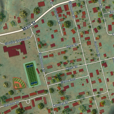 Close-up of the map of Jonesville, Virginia print showing street and building detail