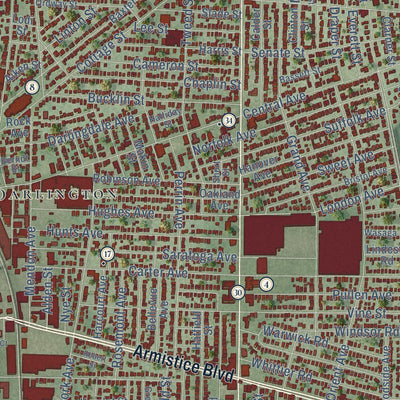 Close-up of the map of Pawtucket, Rhode Island print showing street and building detail