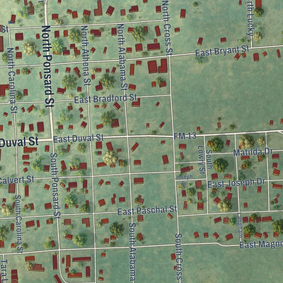 Close-up of the map of Troup, Texas print showing street and building detail