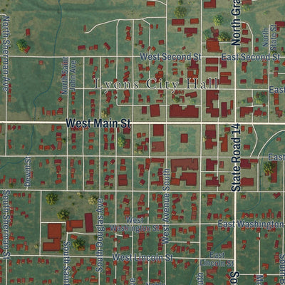 Close-up of the map of Lyons, Kansas print showing street and building detail
