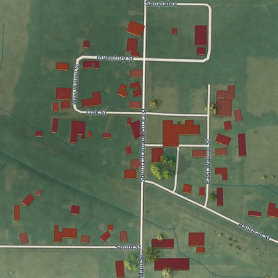 Close-up of the map of Onward, Indiana print showing street and building detail