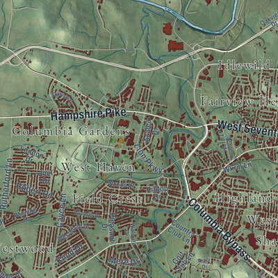 Close-up of the map of Columbia, Tennessee print showing street and building detail