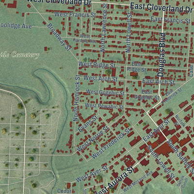 Close-up of the map of Ironwood, Michigan print showing street and building detail