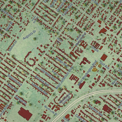 Close-up of the map of Groves, Texas print showing street and building detail