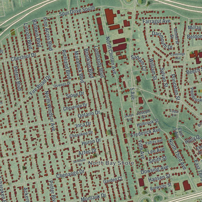 Close-up of the map of Bay Shore, New York print showing street and building detail