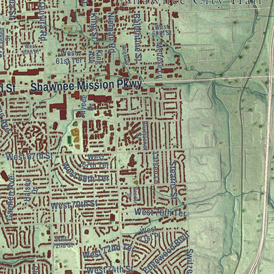 Close-up of the map of Shawnee, Kansas print showing street and building detail