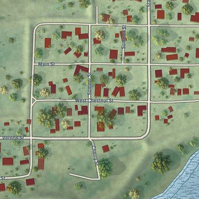 Close-up of the map of Liverpool, Illinois print showing street and building detail
