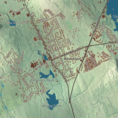 Close-up of the map of Plainville, Massachusetts print showing streets and neighborhoods