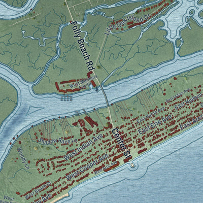 Close-up of the map of Folly Beach, South Carolina print showing street and building detail