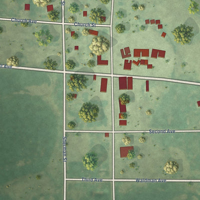 Close-up of the map of Onaka, South Dakota print showing street and building detail