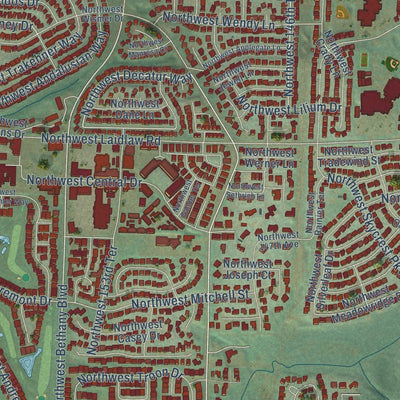Close-up of the map of Bethany, Oregon print showing street and building detail