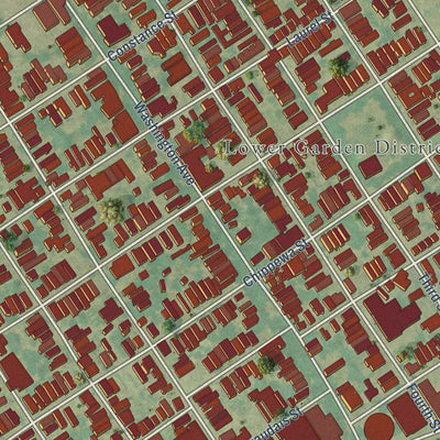 Close-up of the map of Irish Channel, Louisiana print showing street and building detail