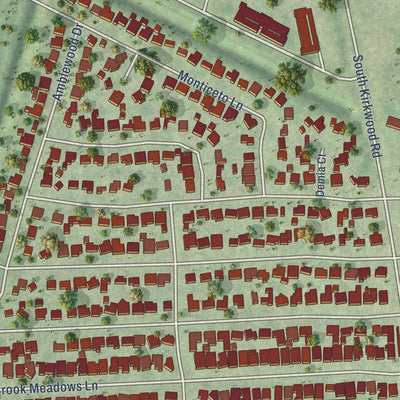 Close-up of the map of Meadows Place, Texas print showing street and building detail