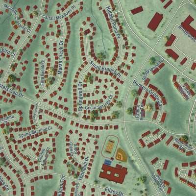 Close-up of the map of Broadlands, Virginia print showing street and building detail