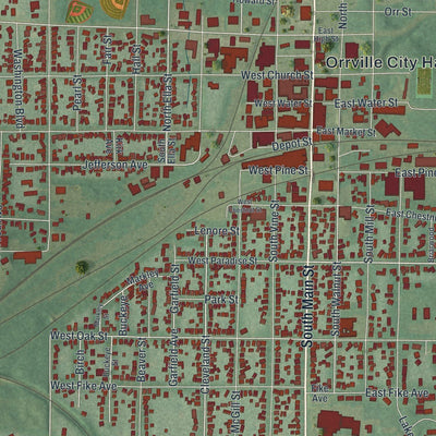 Close-up of the map of Orrville, Ohio print showing street and building detail