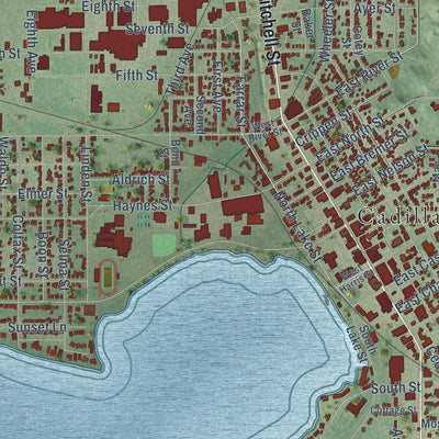 Close-up of the map of Cadillac, Michigan print showing street and building detail