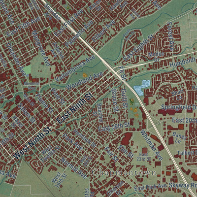 Close-up of the map of Chico, California print showing street and building detail