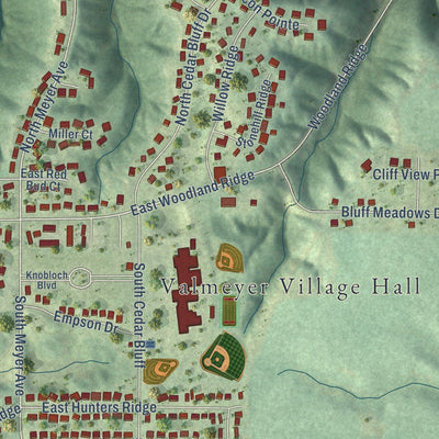 Close-up of the map of Valmeyer, Illinois print showing street and building detail