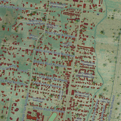 Close-up of the map of Los Ranchos de Albuquerque, New Mexico print showing street and building detail