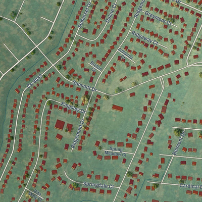 Close-up of the map of Pioneer Village, Kentucky print showing street and building detail