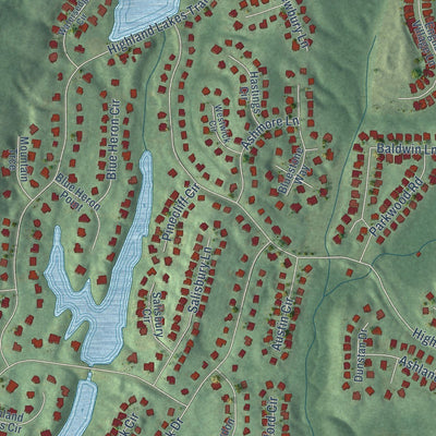 Close-up of the map of Highland Lakes, Alabama print showing street and building detail