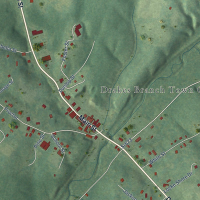 Close-up of the map of Drakes Branch, Virginia print showing street and building detail