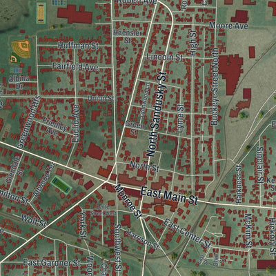 Close-up of the map of Bellevue, Ohio print showing street and building detail