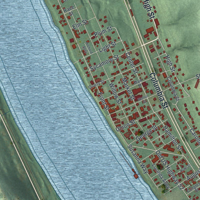 Close-up of the map of New Richmond, Ohio print showing street and building detail