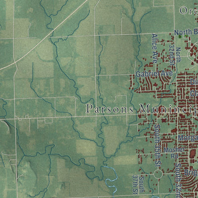 Close-up of the map of Parsons, Kansas print showing street and building detail