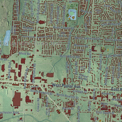 Close-up of the map of Collierville, Tennessee print showing street and building detail