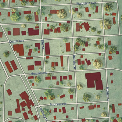 Close-up of the map of Prague, Nebraska print showing street and building detail