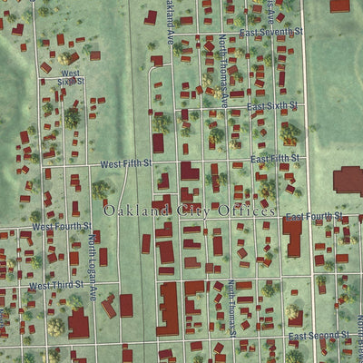 Close-up of the map of Oakland, Nebraska print showing street and building detail