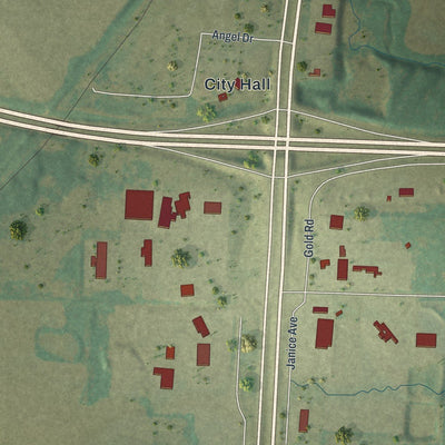 Close-up of the map of Kingdom City, Missouri print showing street and building detail