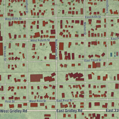 Close-up of the map of Gridley, Illinois print showing street and building detail