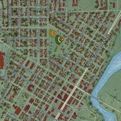Close-up of the map of St. Peter, Minnesota print showing street and building detail