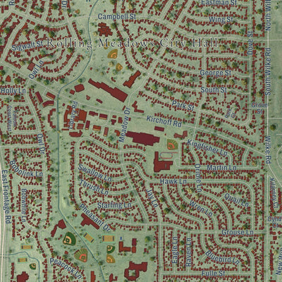 Close-up of the map of Rolling Meadows, Illinois print showing street and building detail