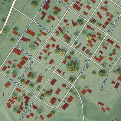 Close-up of the map of Bucoda, Washington print showing street and building detail