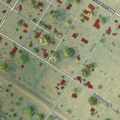 Close-up of the map of Mullin, Texas print showing street and building detail