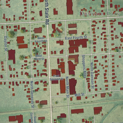 Close-up of the map of Davison, Michigan print showing street and building detail