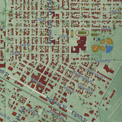 Close-up of the map of Gothenburg, Nebraska print showing street and building detail