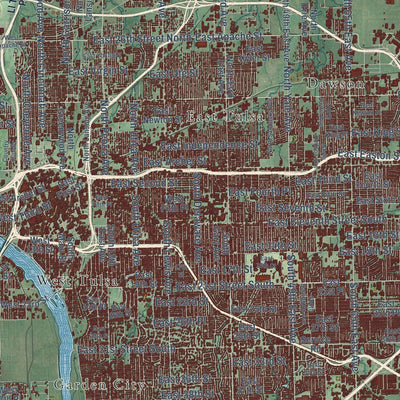 Close-up of the map of Tulsa, Oklahoma print showing street and building detail