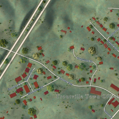 Close-up of the map of Troutville, Virginia print showing street and building detail