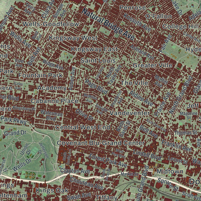 Close-up of the map of St. Louis, Missouri print showing street and building detail