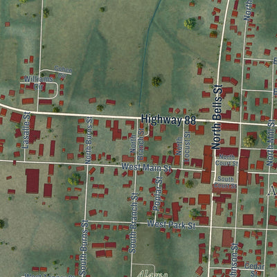 Close-up of the map of Alamo, Tennessee print showing street and building detail